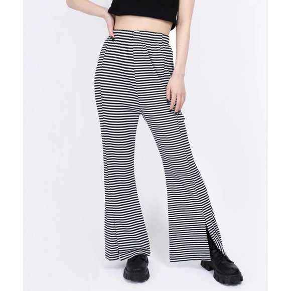 W♥C / Wego Japan split-hem high-waisted black & white striped flared pants - Picture 2 of 8